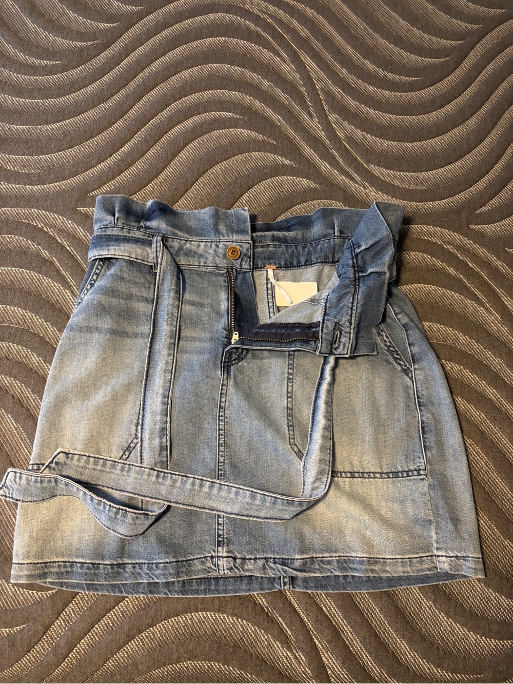 Light Blue Denim Mini Skirt with Self-Tie Belt Above the knee length